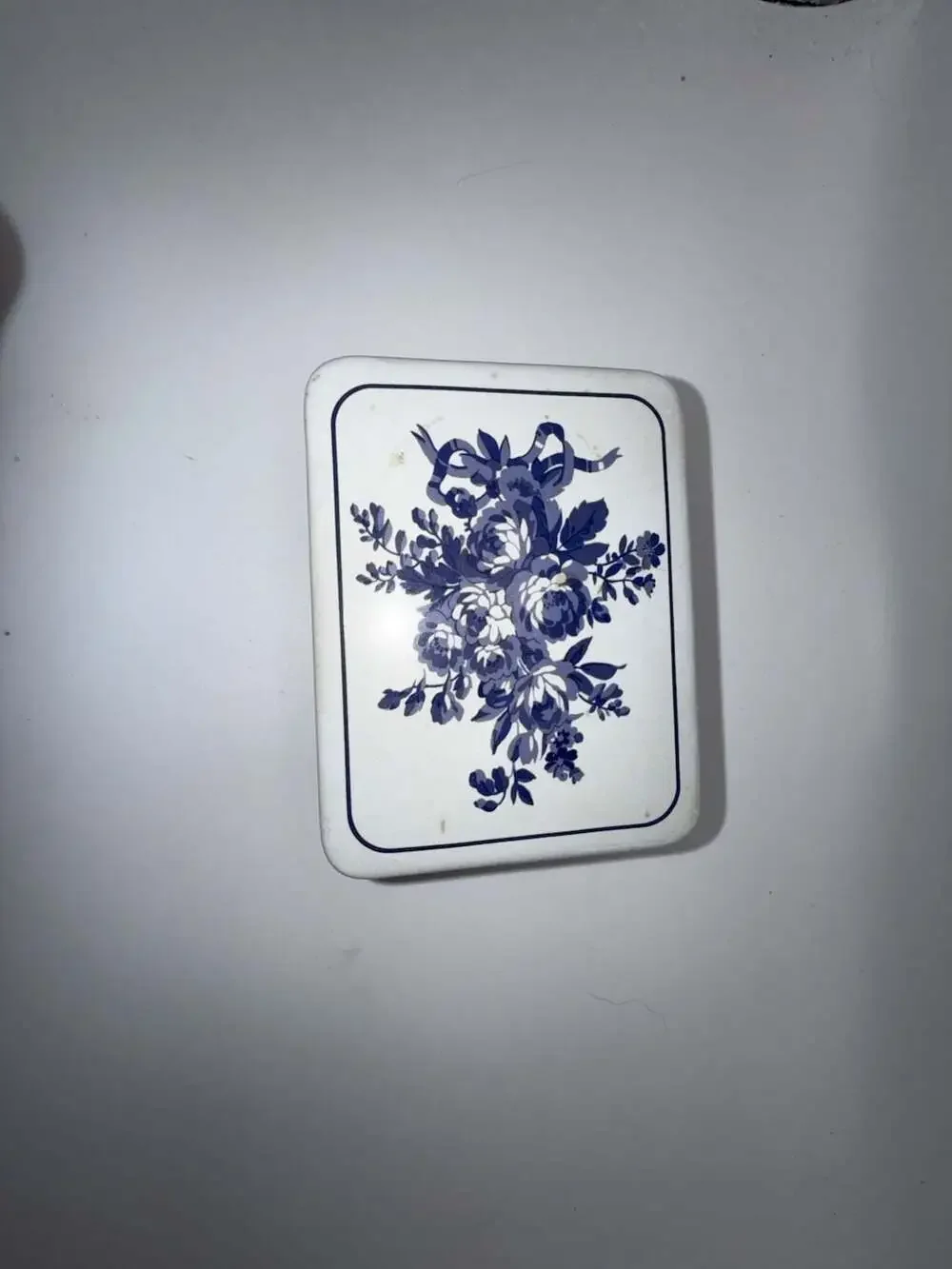 Vintage Blue and White Floral and Plaid Stoneware Trinket Box Made in Thailand